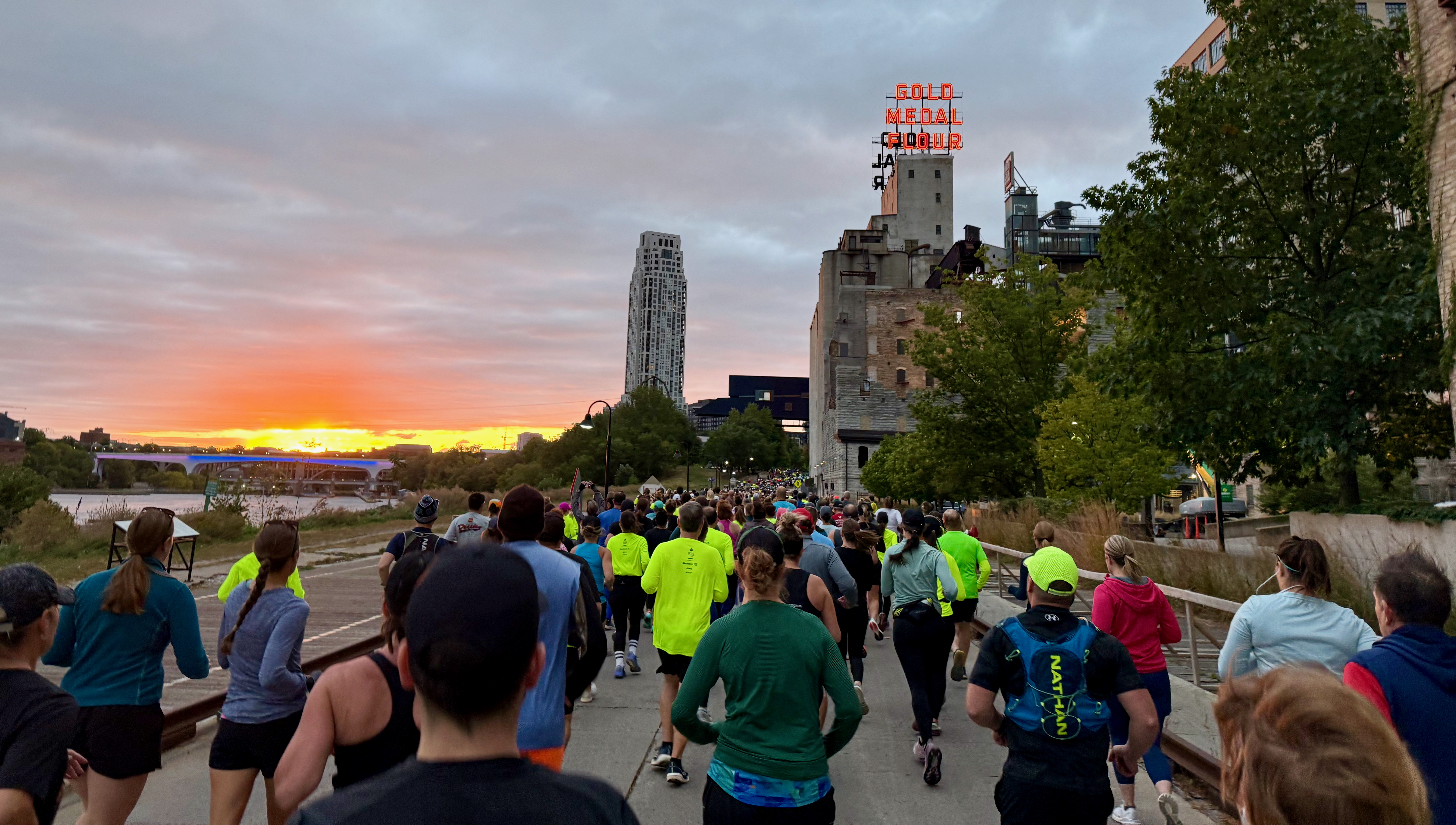 Beautiful sunrise view while running past Gold Medal Park along the Mississippi River